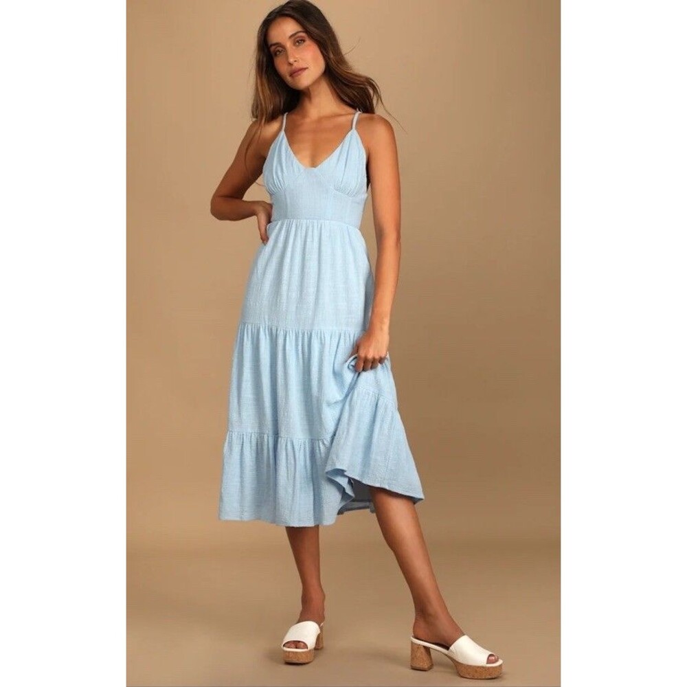 Lulus XS Bliss Abound Tiered Midi Dress Light Blue Sleeveless A-line Cottage